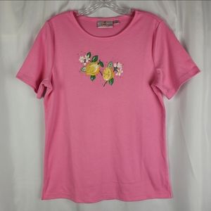 Quacker Factory Pink Floral Lemon Embroidered Rhinestone T-shirt Top Women XS